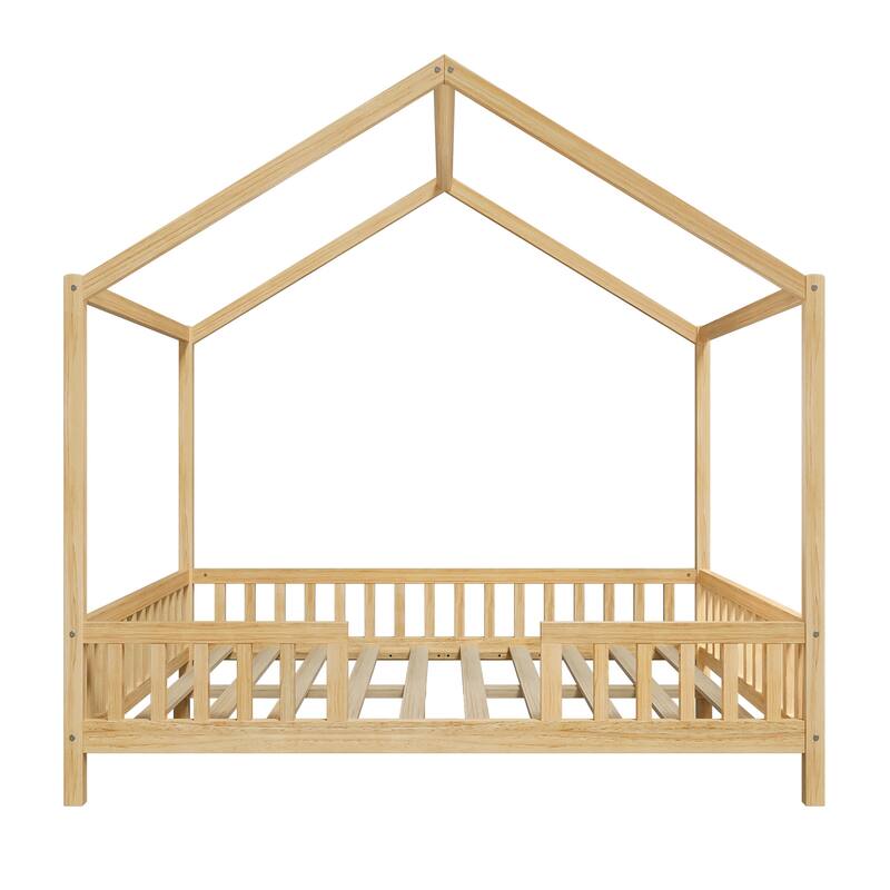 Montessori Floor Bed with Canopy, Full Bed Frame for Kids, House Shape Toddler Bed Frame with High Railings,Full