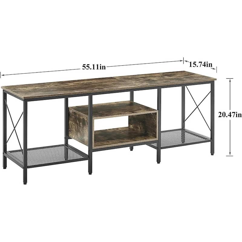 Industrial Farmhouse Metal Wood TV Stand with Storage Shelves - 55.11” Long x 15.74” Wide x 20.47” Tall
