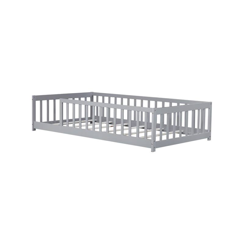 Twin Size Floor Bed with Fence without Door, Rubber Wood Floor Bed with Safety Guardrails