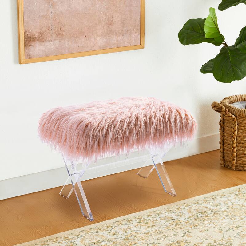 Glitzhome Modern Faux Fur Acrylic Accent Bench Ottoman