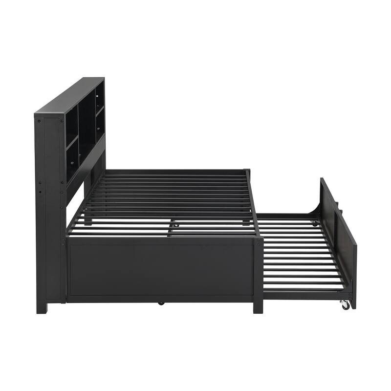 Black Metal Twin Daybed with Trundle, Storage Shelves, and USB Ports - No Box Spring Needed