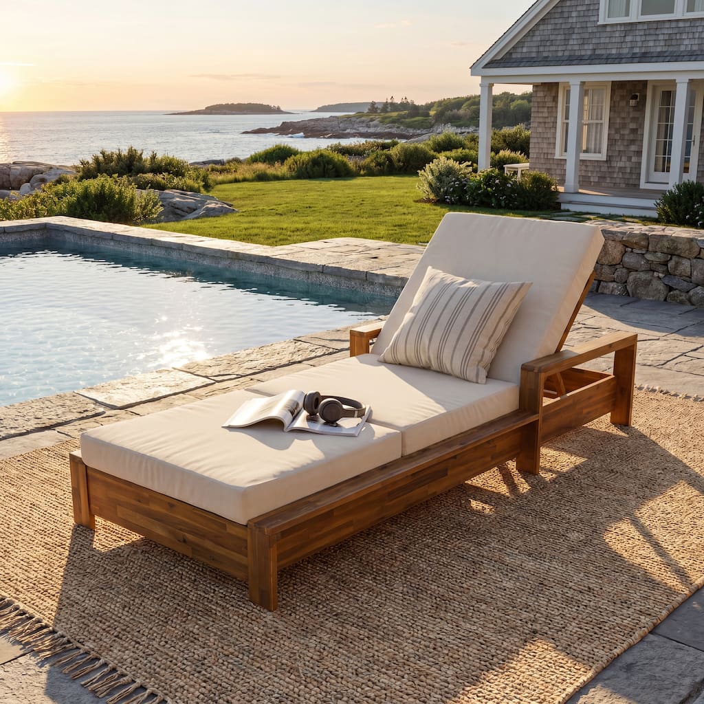 Christopher Knight Home - Kensington Outdoor Chaise Lounge, Acacia Wood Adjustable Backrest & 3-Fold Water-Resistant Cushion