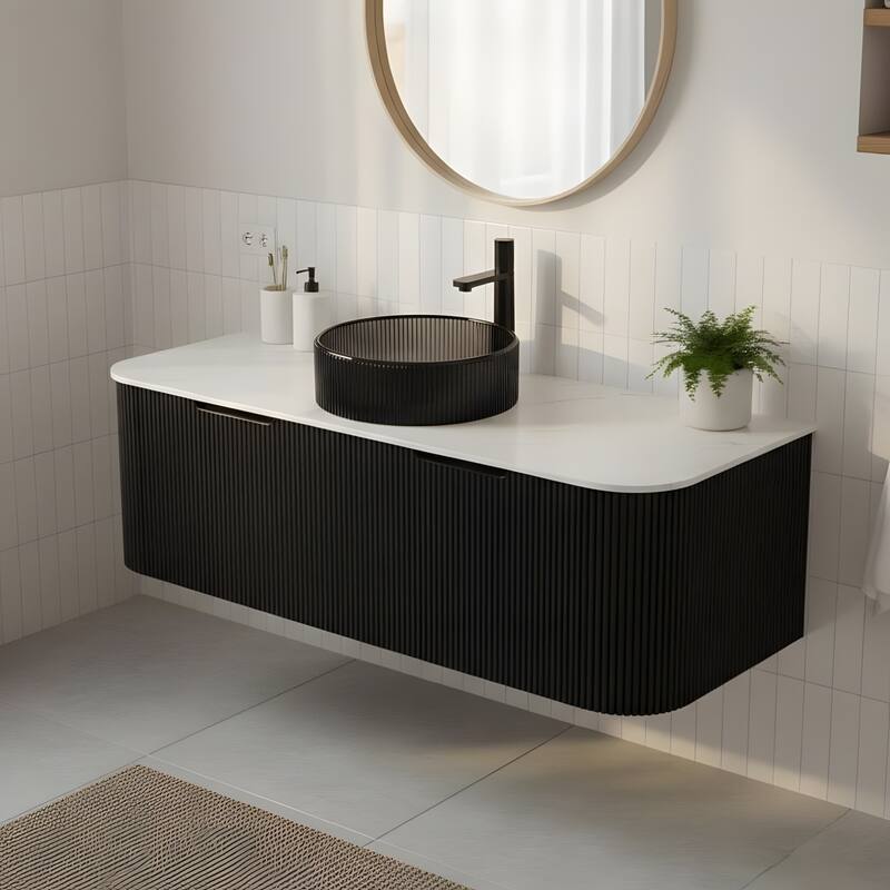 Wall Mounted Bathroom Vanity with Transparent Black Round Glass Basin