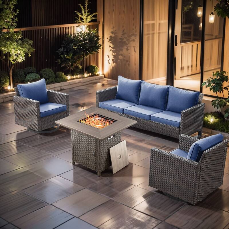 4 Pieces Fire Pit Table with Sofa Swivel Chair Set - Brown Wicker - Blue cushion