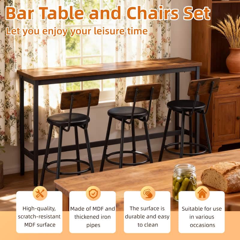 Bar Table and Chairs Set for 3, 4 Piece Industrial Dining Table Set with 3 PU Upholstered Bar Stools