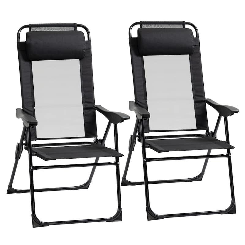 Outdoor Folding Patio Chairs Set of 2 with Adjustable Sling Back, Camping Chair with Removable Headrest for Beach, Garden