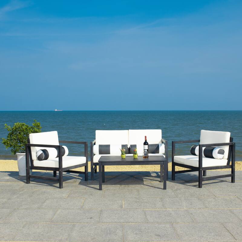 SAFAVIEH Outdoor Citlali 4-Piece Conversation Set with Accent Pillow - 50W x 29D x 29H - Black/Beige/Black White