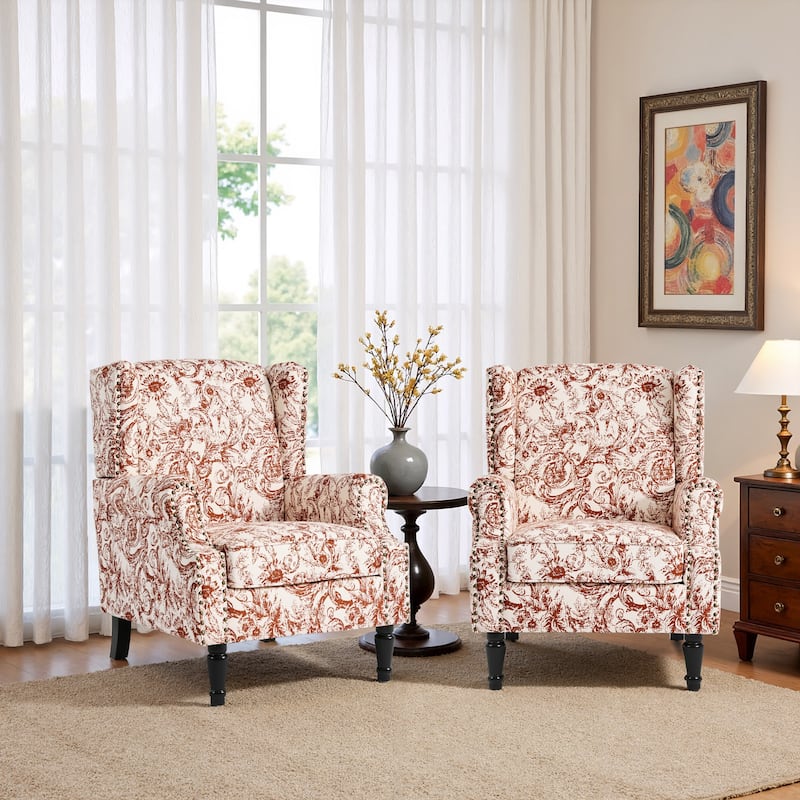 2 Set Traditional Patterned Wingback Accent Chairs with NailHead