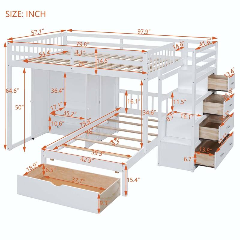 Full Over Twin Bunk Bed with Wardrobe and Drawers