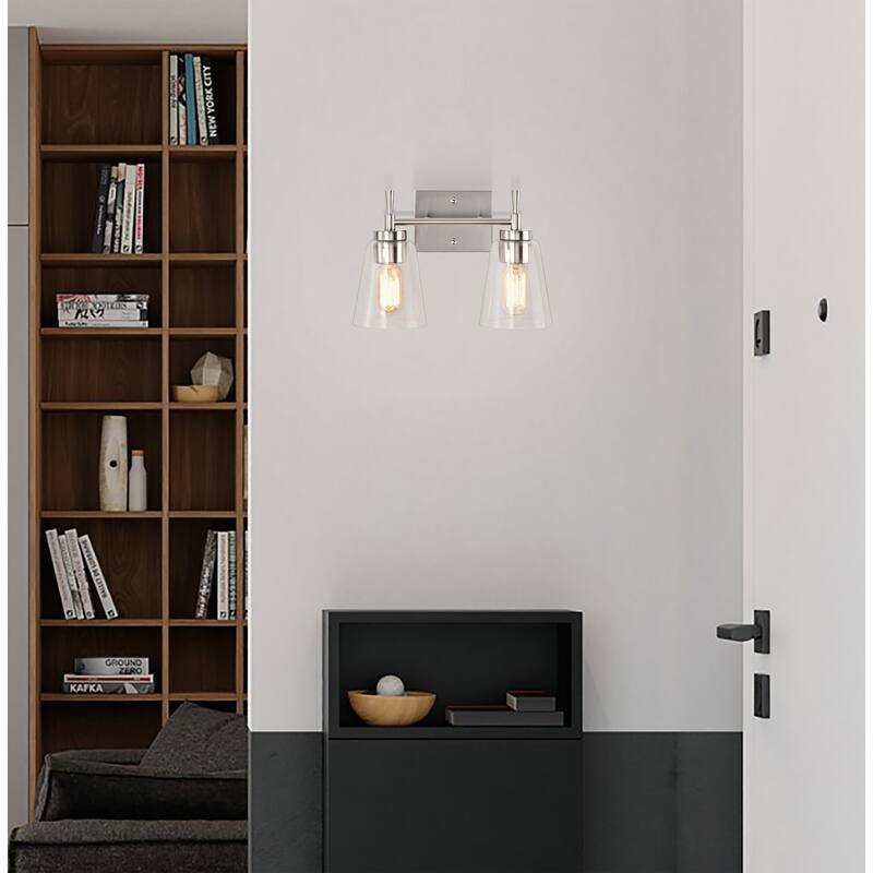 Brushed Nickel 2-Light Modern Vanity Light with Clear Cone Glass Shades - Brushed Nickel