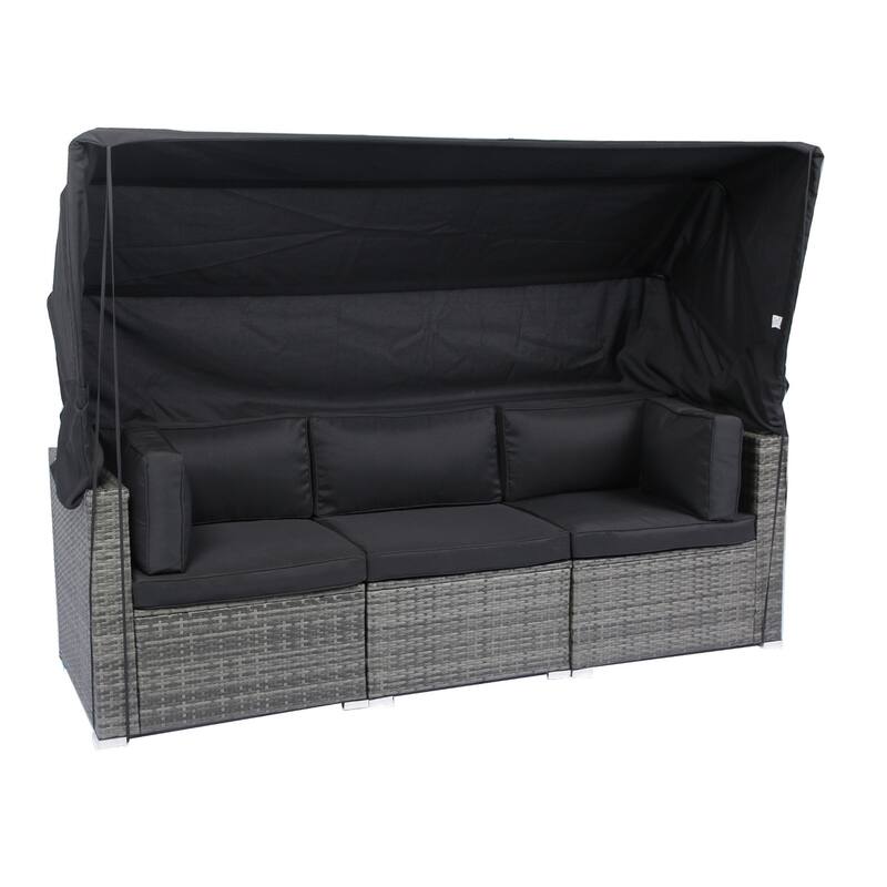 7-Piece Outdoor Grey Wicker Sectional Sofa Set with Retractable Canopy