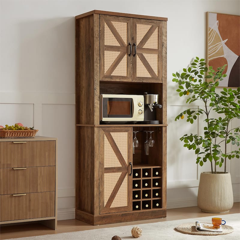 Kitchen Faux Rattan Wine Cabinet, Oak Bar Cabinet with Square Compartments and Shelves, Wooden Storage Cabinet with Barn Doors