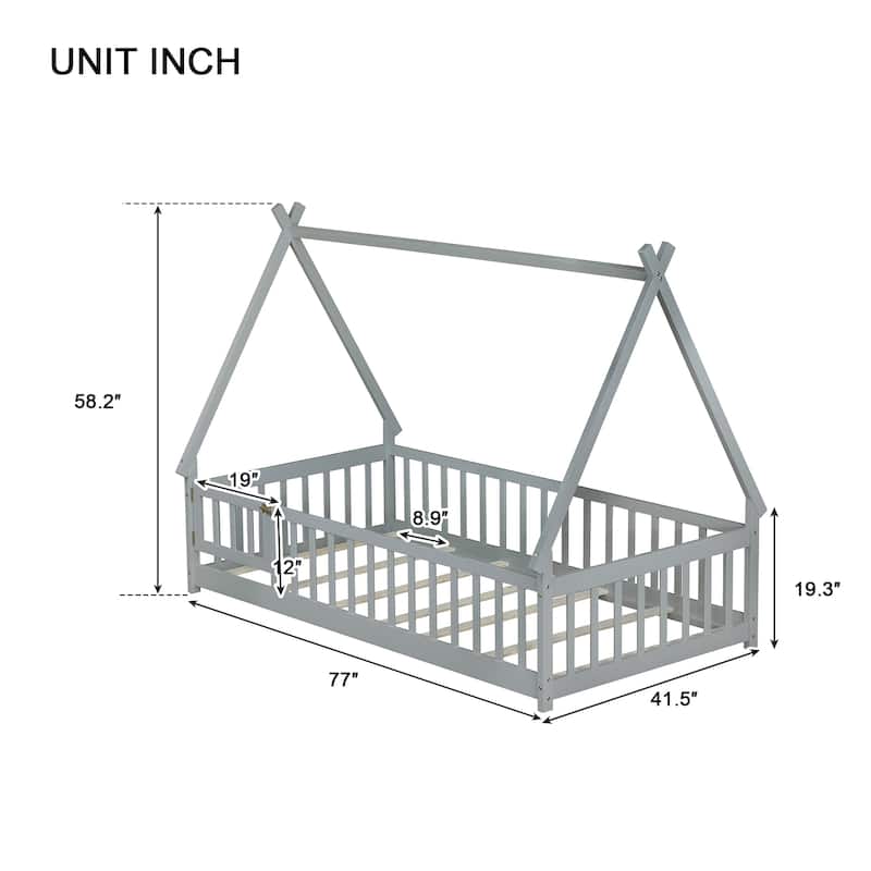 Twin Tent-shaped Floor Bed, Teepee Bed with Guardrails, Slats and Door, Grey