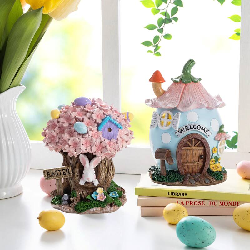 Glitzhome Easter Resin Egg Shaped House Table Decor Bunny & Pink Blossoms Figurine