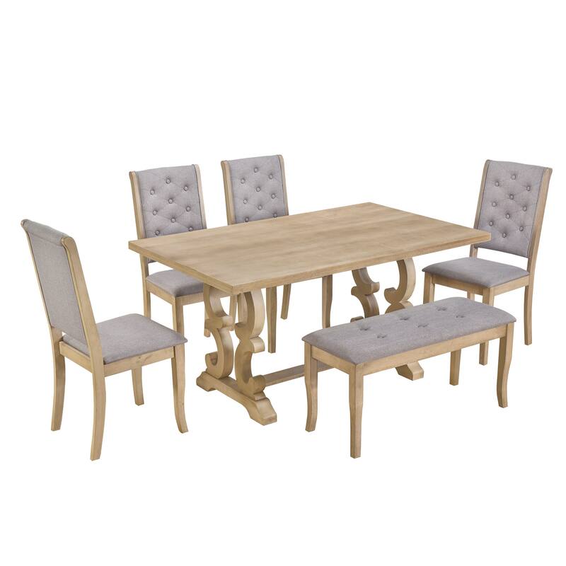 Rectangular Trestle Table and 4 Upholstered Chairs & Bench