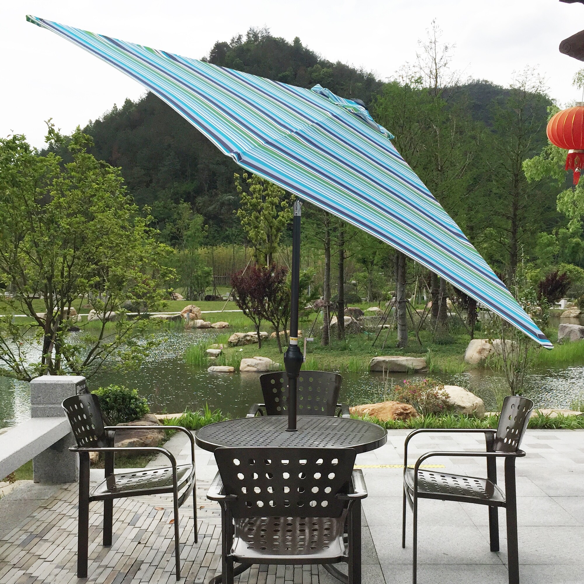 Blue Striped 9 ft Waterproof Patio Umbrella with Tilt