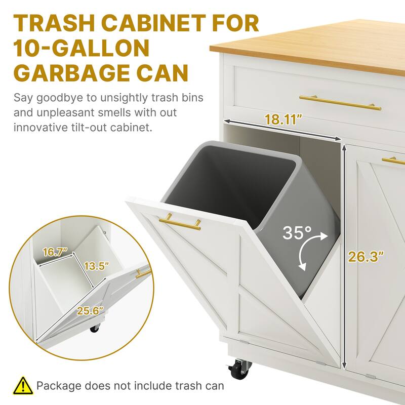 Rolling Kitchen Island Mobile Cart with Double Trash Can Storage Cabinet