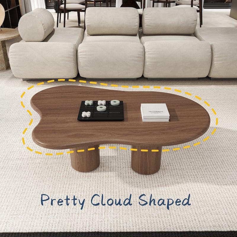 47.24" Mid Century Coffee Table, Solid Wood Texture with Could Shaped, Brown