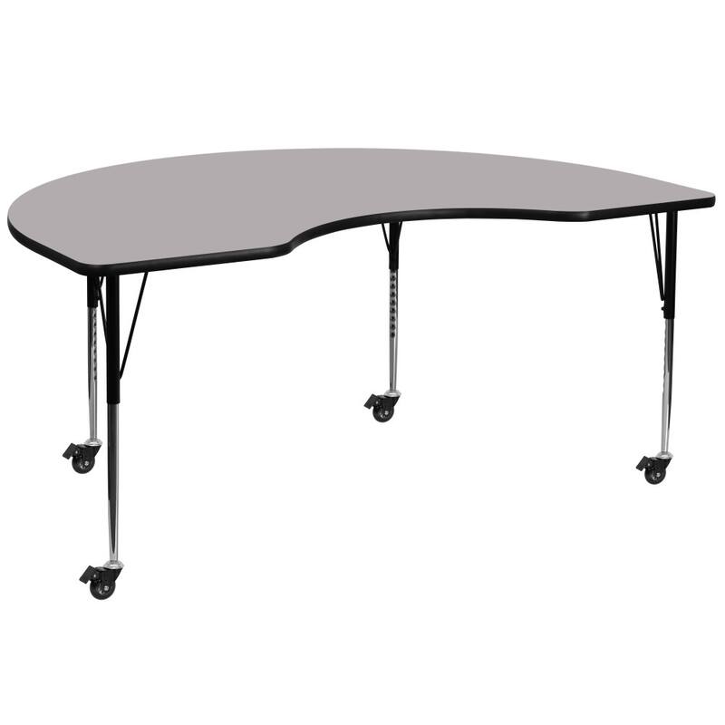 Mobile 48''W x 72''L Kidney Thermal Laminate Activity Table - Adjustable Legs - Gray