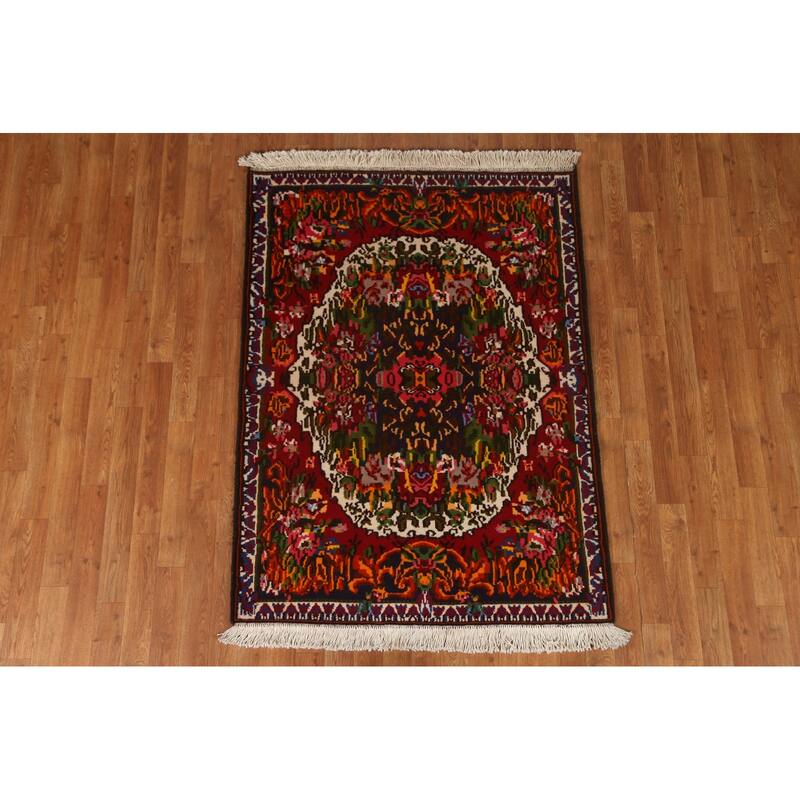 Hand Knotted Oriental 100% Wool Carpet Traditional Floral Navy Blue & Blues Bakhtiari Area Rug - 4' 11'' X 3' 8''