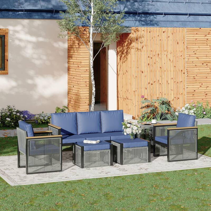EROMMY Outdoor Patio Furniture Sets - 5/6/7 Piece All-Weather Conversation Sets withTable & Ottoman, Sectional Sofa & Chairs. - 6 PCS - Sofa & 2 Chairs & 2 Ottomans & Side Table - Blue