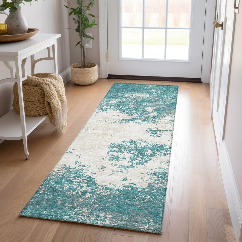 Machine Washable Indoor/ Outdoor Abstract Pixels Chantille Rug - Teal - 2'3" x 7'6"