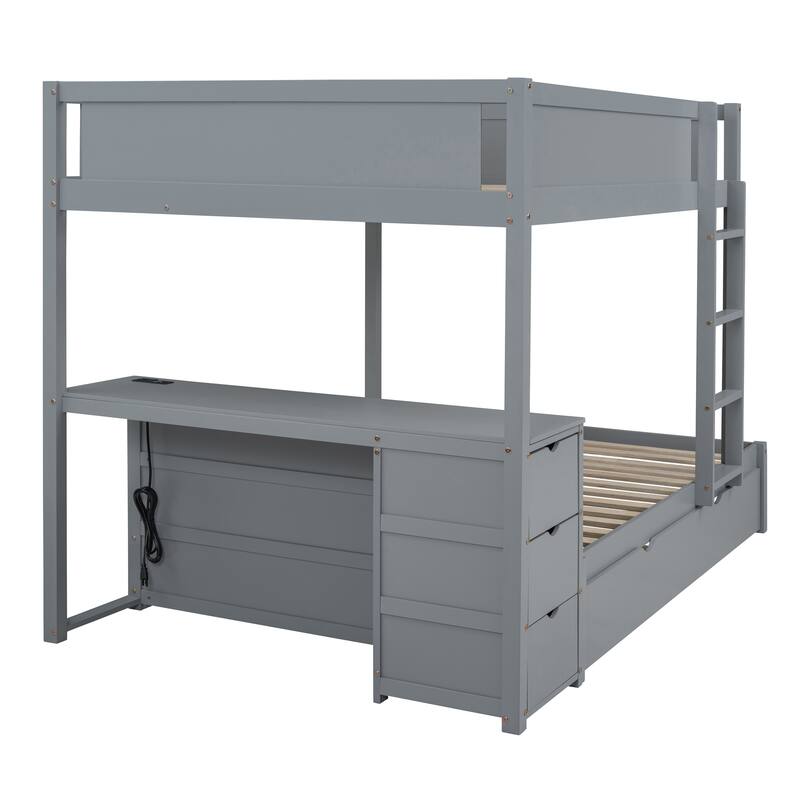Full-Over-Full Bunk Bed with Twin Trundle, Storage, Desk, and USB Ports, Gray