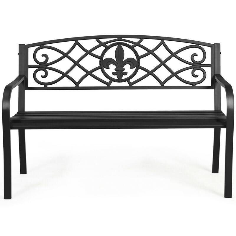 Gymax Garden Bench Loveseat Outdoor Garden Park w/ Steel Frame - 50.5'' x 24'' x 35'' (L x W x H) - Black - 50.5'' x 24'' x 35'' (L x W x H)