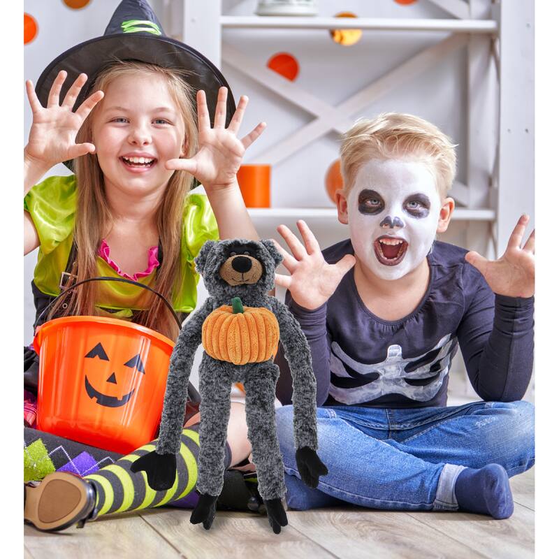 DolliBu Soft Long Arms Black Bear Stuffed Animal with Pumpkin Decor - 21 inches