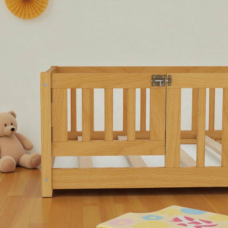 Twin/Full/Queen Size Wood Floor Bed with Door and Guardrails for Kids, Montessori Bed with Removable Slats