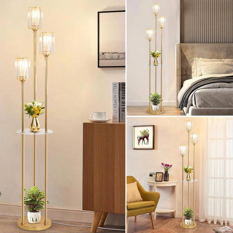 Gold Modern Floor Lamp with Shelves - Brass Crystal Standing Lamp with Table, Crystal Shade, On/Off Switch