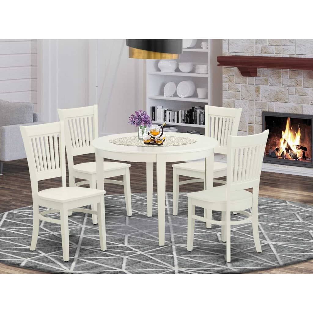 5-Piece Linen White Finish Solid Wood Top - Round Dining Room Set Seats-4