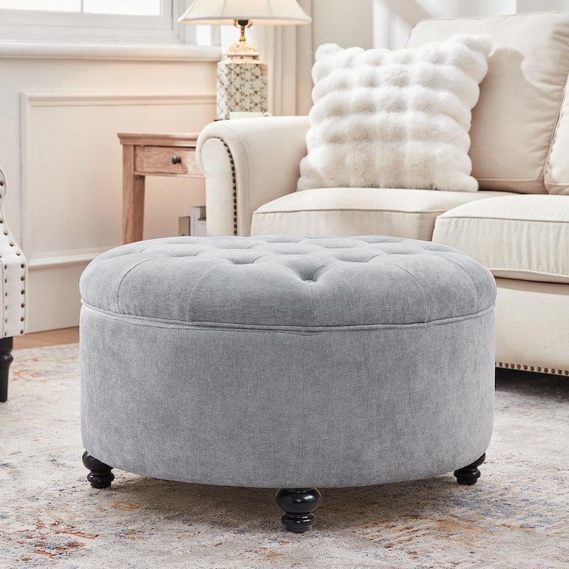 Tufted Large Round Storage Ottoman Footrest Beige/ Grey/ Blue - Light Blue
