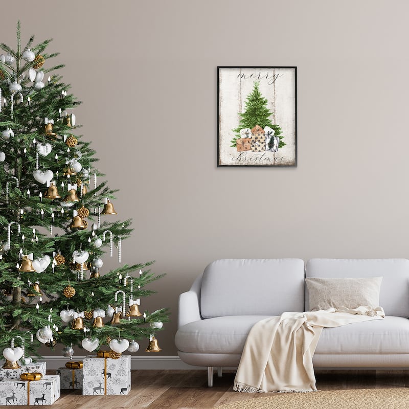 Stupell Rustic Distressed Merry Christmas Tree Illustration Framed Wall Art