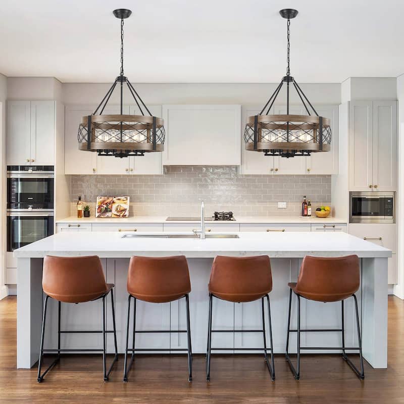 Drum Rustic Hanging Lights 6-Light Adjustable Farmhouse Chandelier Dining Room Light Fixture Kitchen Island Lighting - N/A