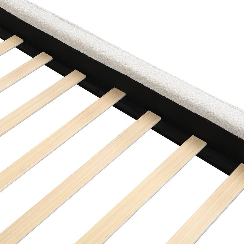 Luxury King Boucle Upholstered Platform Bed, Curved Tufted Headboard, Soft Edges, Beige