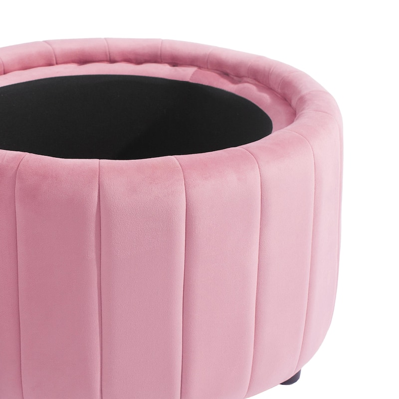 30" W Round Velvet Upholstered Storage Ottoman with Flip Top Tray
