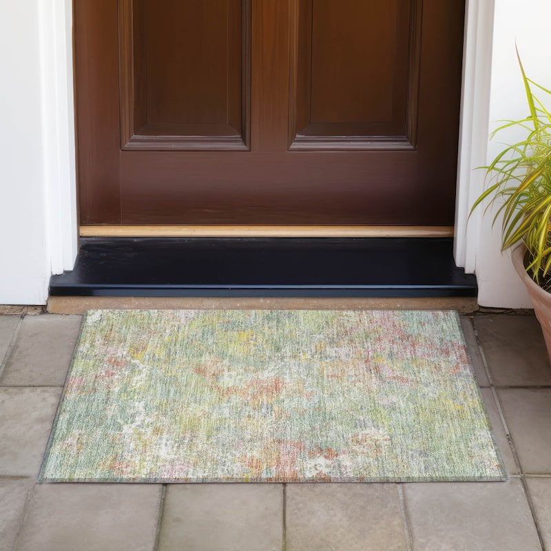 Machine Washable Indoor/Outdoor Abstract Watercolor Chantille Rug - Green - 1'8" x 2'6"