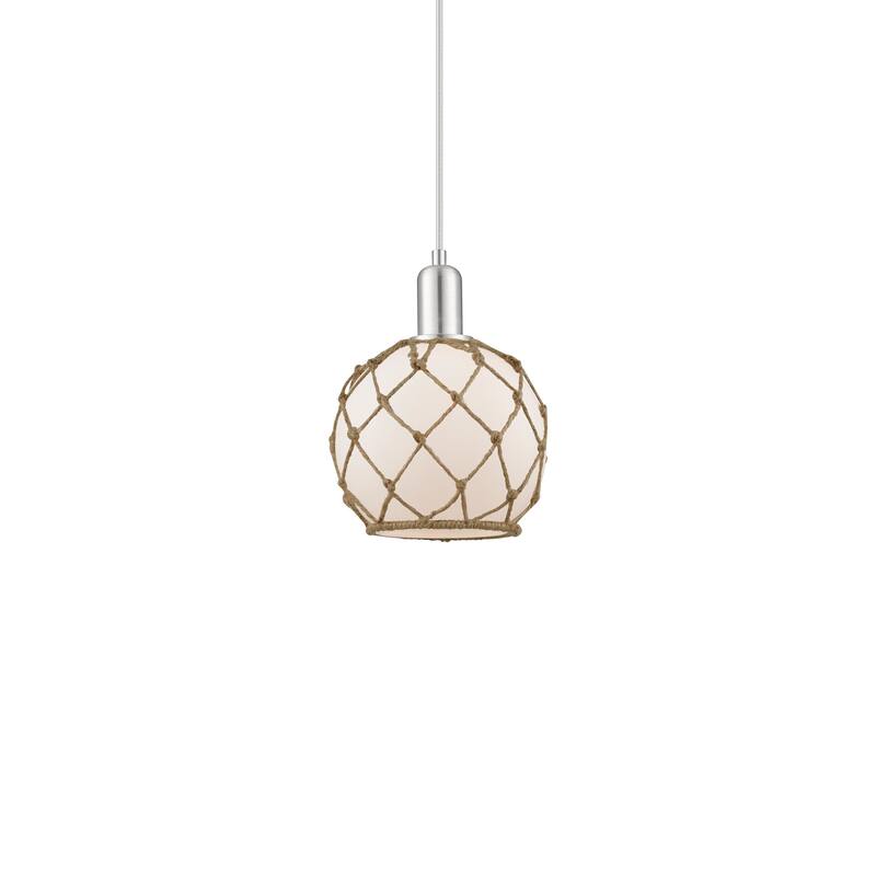 Innovations Lighting 716-1P-11-8 Farmhouse Rope Pendant Farmhouse Rope - Brushed Satin Nickel / White Glass with Brown Rope