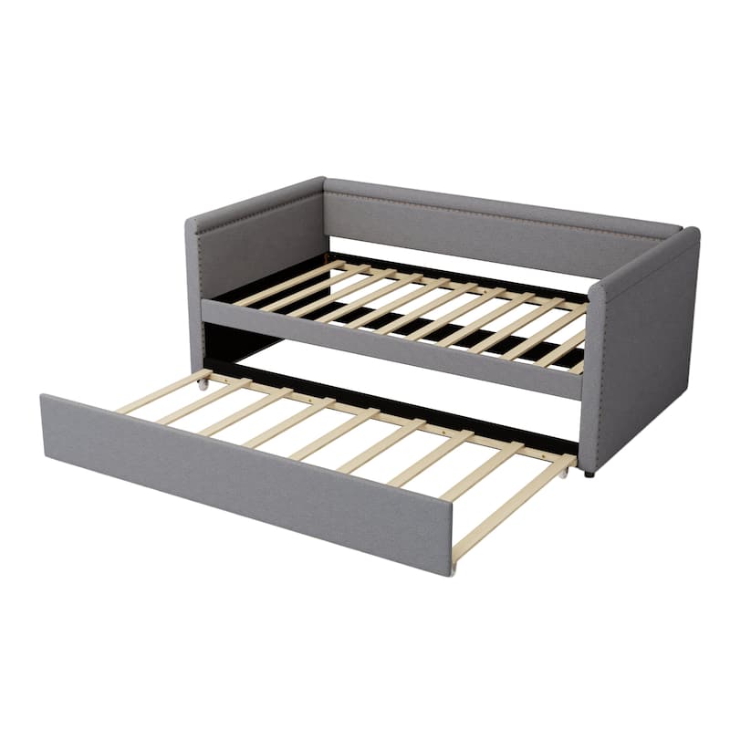 Modern Style Twin Size Upholstered Daybed with Trundle for Guest Room, Small Bedroom, Study Room, Beige
