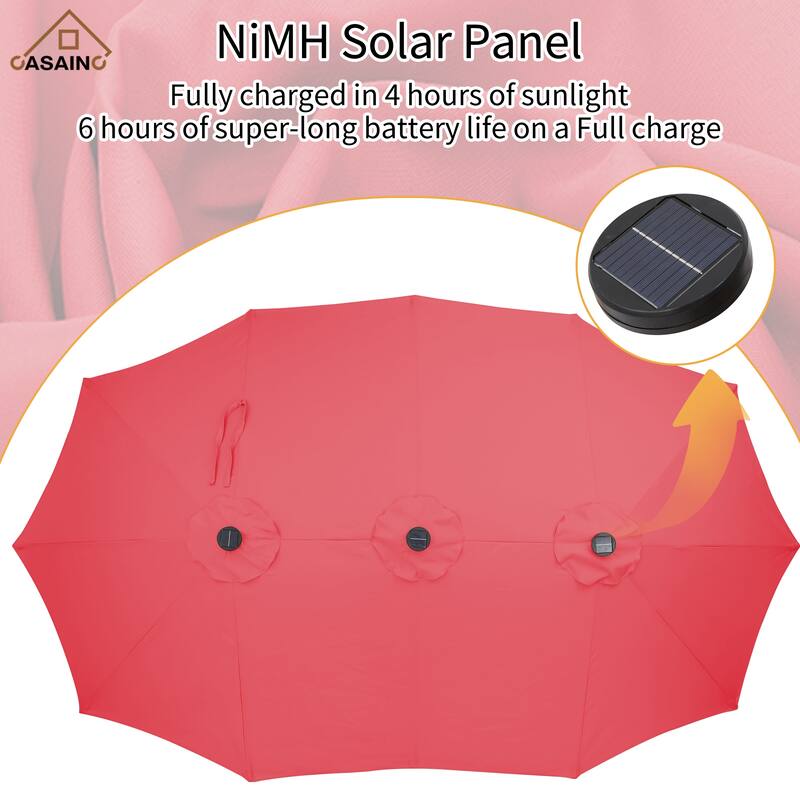 15 ft. Crank Double-sided Solar LED Ultra Lighted Outdoor Market Umbrella with Base Included