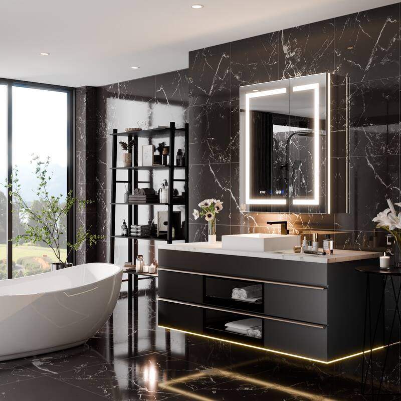 36'' H Recessed or Surface Mounted Bathroom LED Mirror Cabinet With Defogger, Dimmer, 10x magnifying