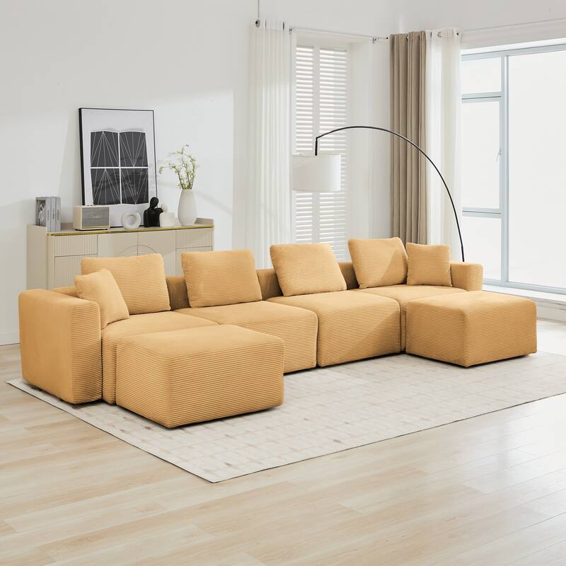 Corduroy Sectional Modular Sofa with Square Arms & Ottoman Extension for Flexible Arrangements