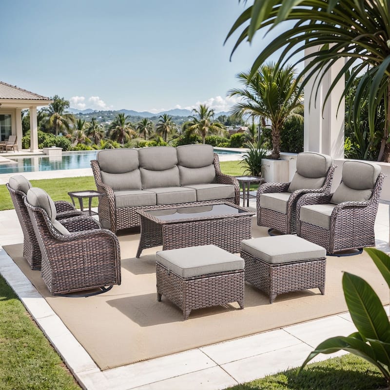 Pocassy Outdoor Sofa Patio Swivel Chairs Sets - Brown Wicker Grey Cushion - S-a Swivel Chair with Ottoman Set - 10PCS