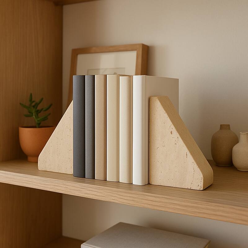 Modern Travertine Triangular Bookends - Decorative Book Ends - 5", Tan - 5.0"
