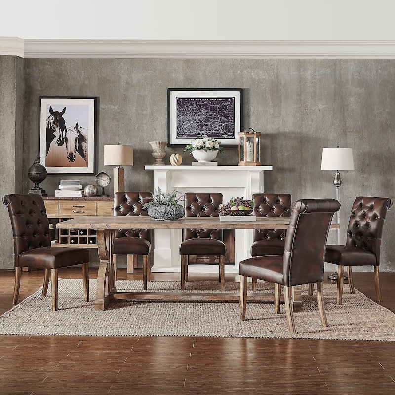 Bratislava Reclaimed Wood Table with Rolled Top Tufted Chairs Dining Set