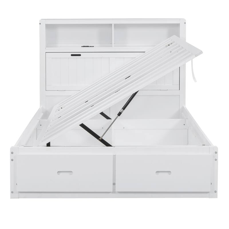 Full Size Hydraulic Platform Bed with Storage, LED Headboard, Charging Station, and 2 Drawers in White
