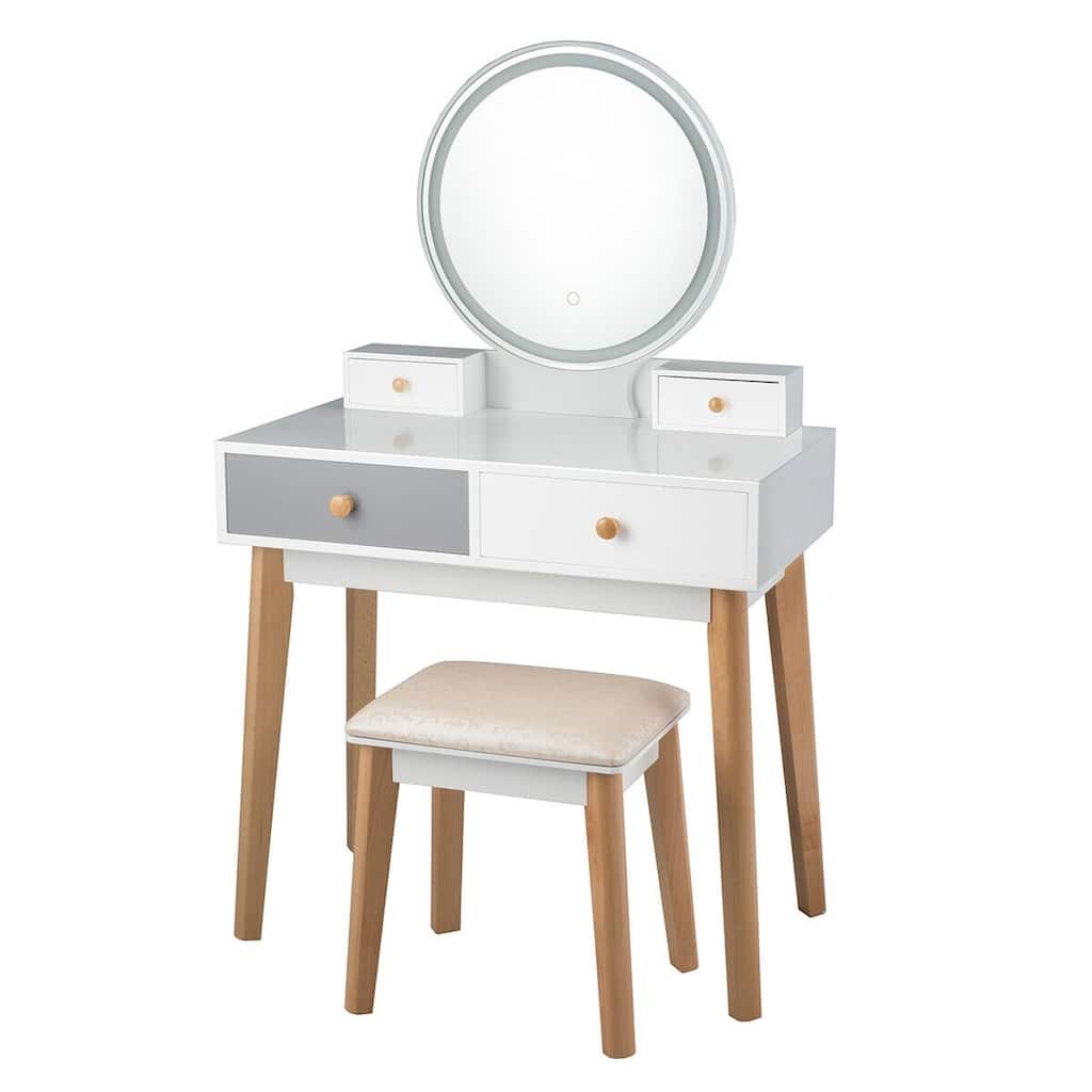 Set 3 Vanity Table Color Lighting Modes Make Up Table & Stool Set - 31.5" x 15.5" x 30" (L x W x H)