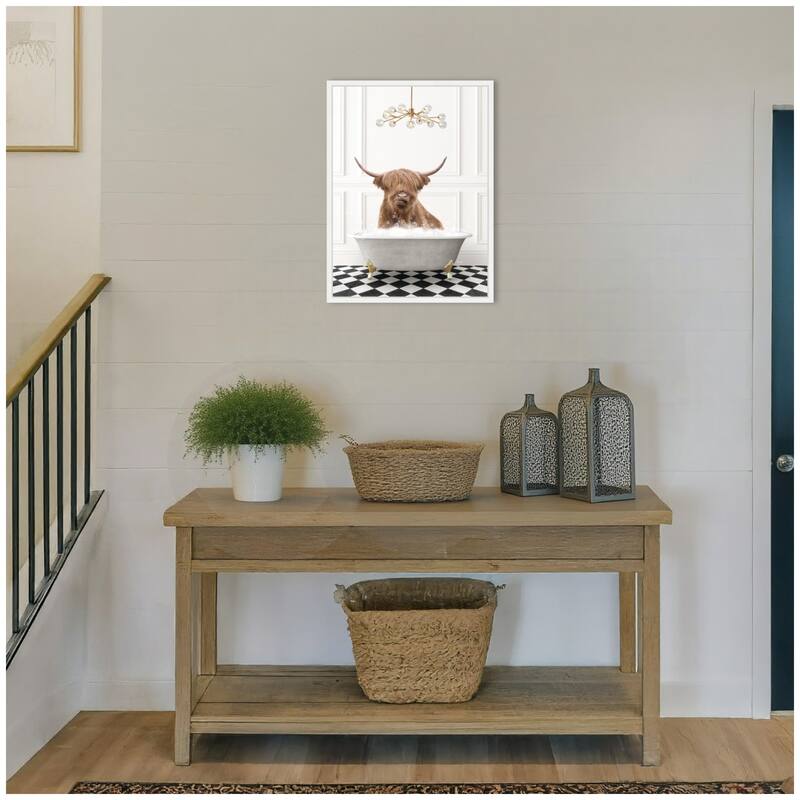 Kate and Laurel Sylvie Highland Cow in Gray Bathtub Checker Floor Framed Canvas by Amy Peterson
