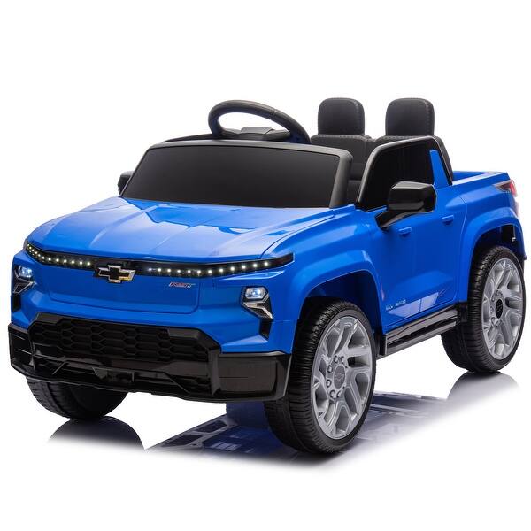 slide 2 of 79, 12V Licensed Chevrolet Silverado EV Ride-On Car with Four-Wheel Suspension, Parental Control, Bluetooth, Music, and LED Lights